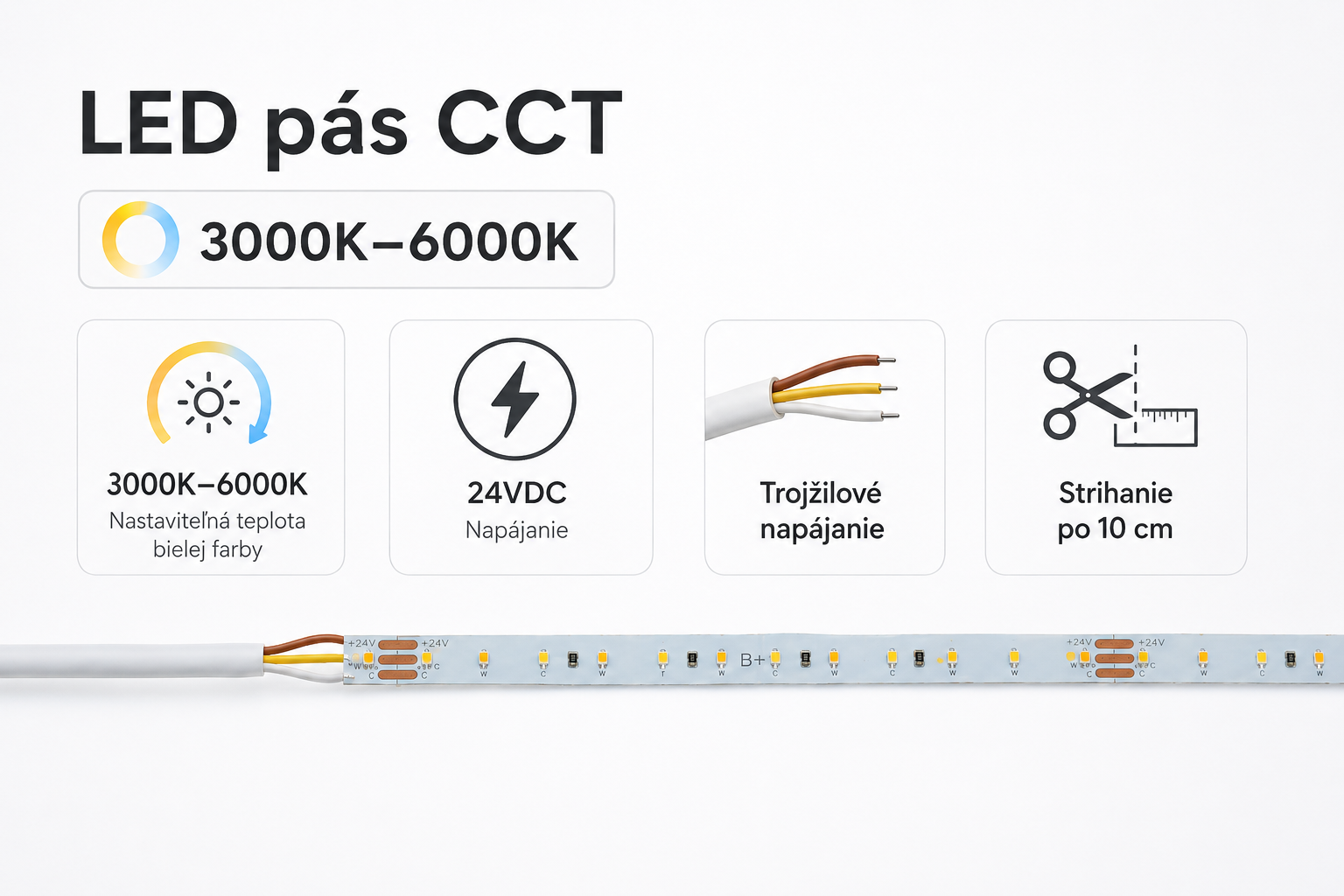LED pás 9,6W, 24V, 120pcs/m - 2216 SMD, CCT, IP20, šírka 8mm – Obrázok 2