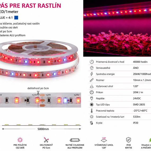 LED pás, GROW PLANT, 120pcs/m, 20W, IP20, RED:BLUE, 24V,