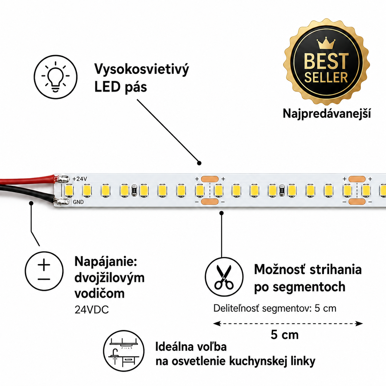 LED pás 14,4W, 12V, 160pcs/m, 2835 SMD, WW, IP20, šírka 10mm – Obrázok 2