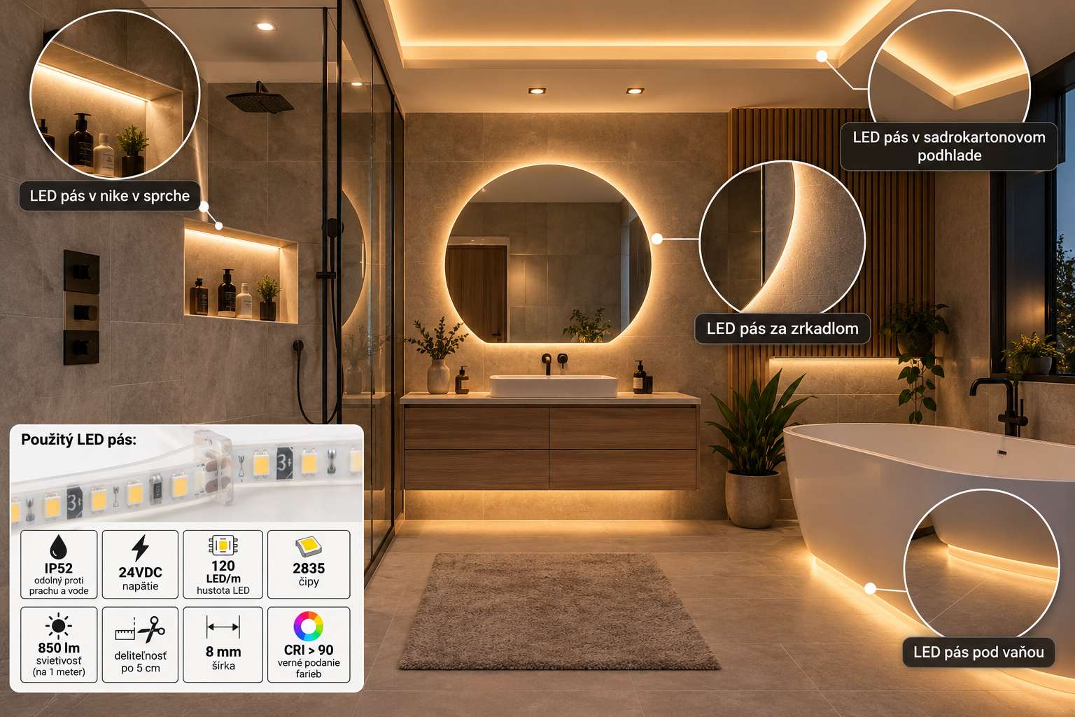 LED pás 9,6W, 24V, 120pcs/m - 2835 SMD, WW, IP52, šírka 8mm – Obrázok 3