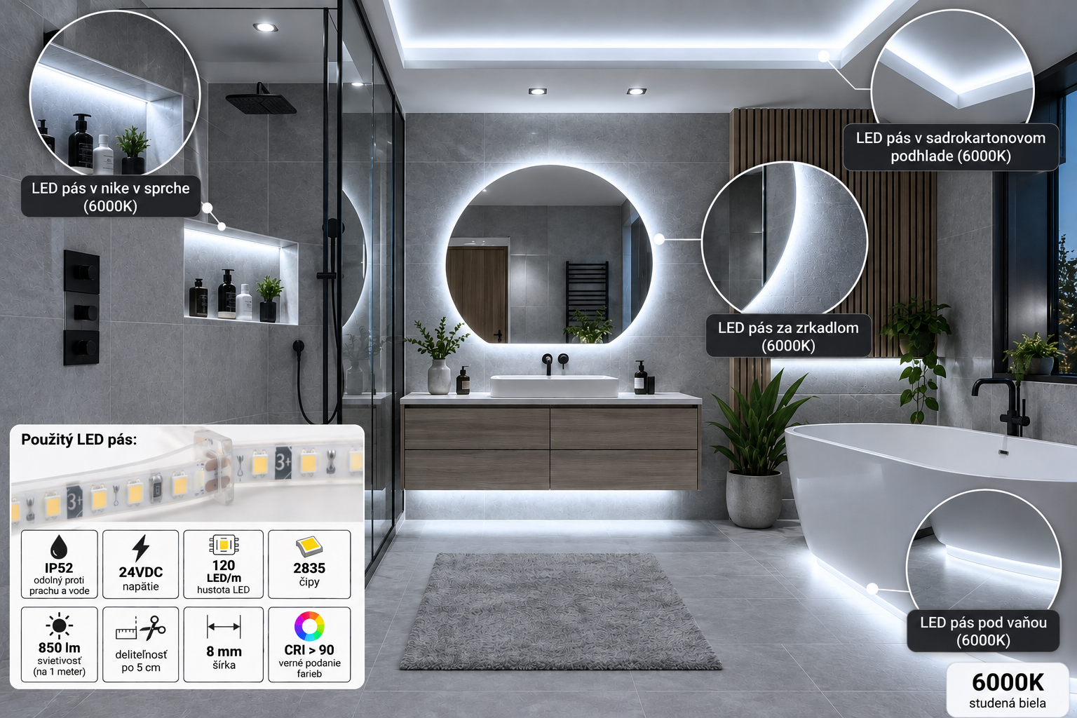 LED pás 9,6W, 24V, 120pcs/m - 2835 SMD, CW, IP52, šírka 8mm – Obrázok 3